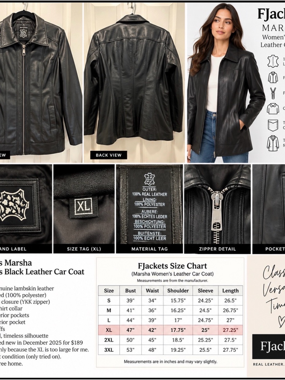 Women's Black Leather Car Coat